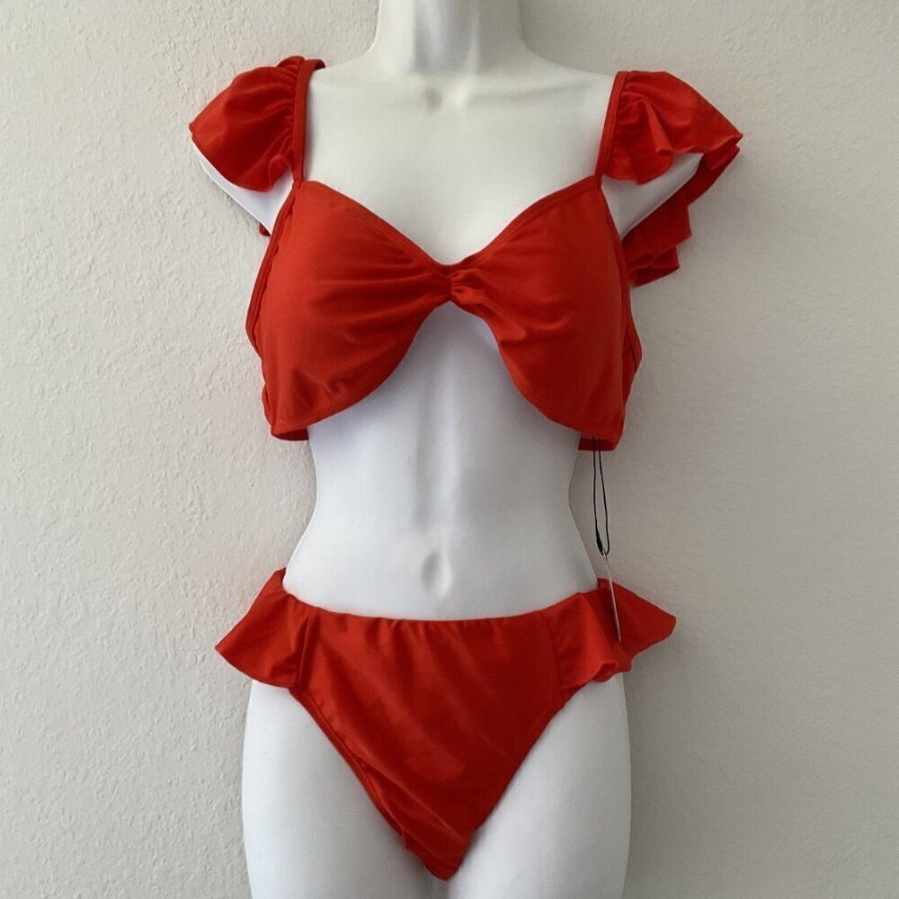 Red Ruffled Two Piece Bikini Swimsuit